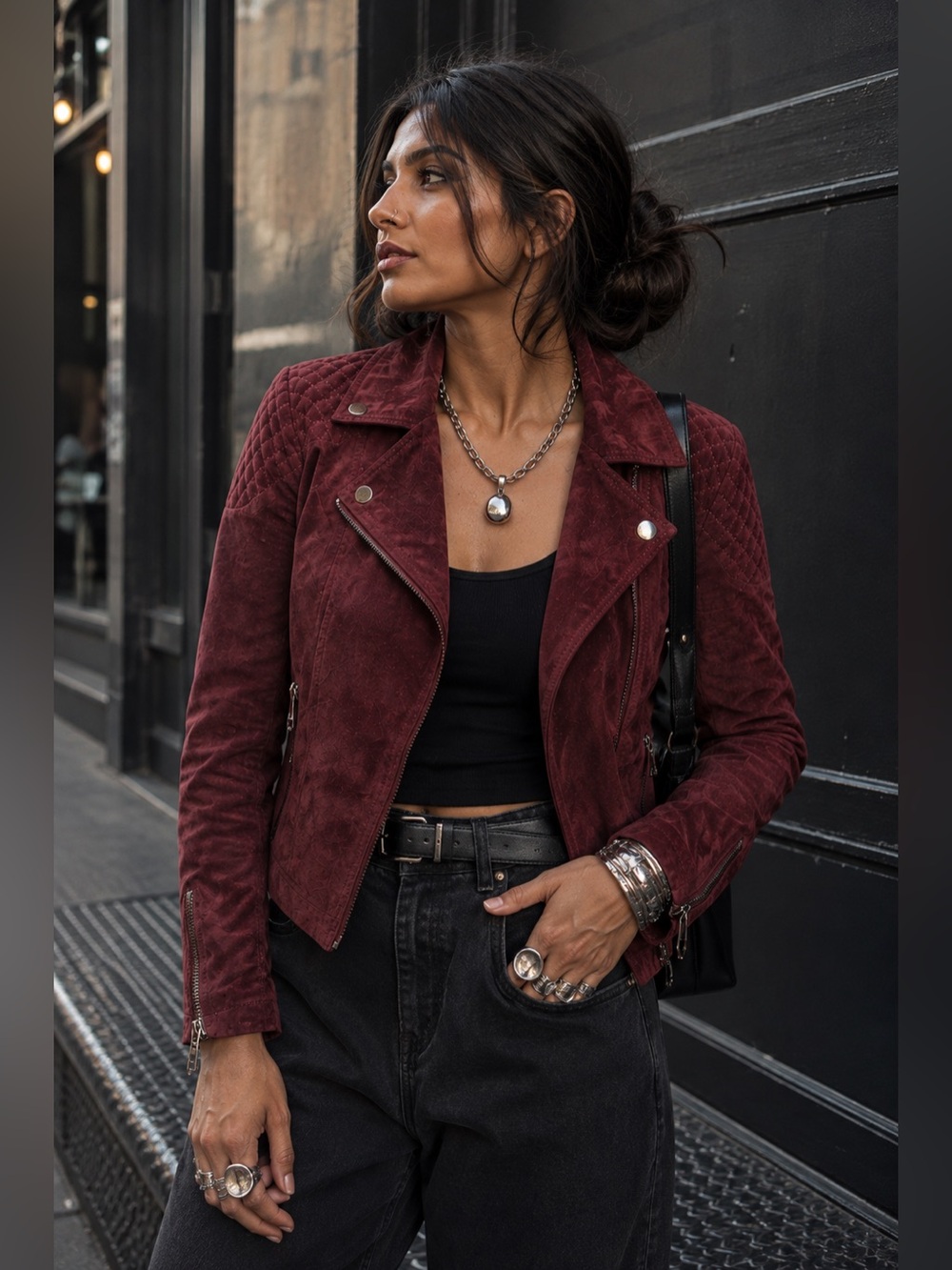 Express Genuine Suede Moto Jacket Burgundy Wine Quilted Biker Small